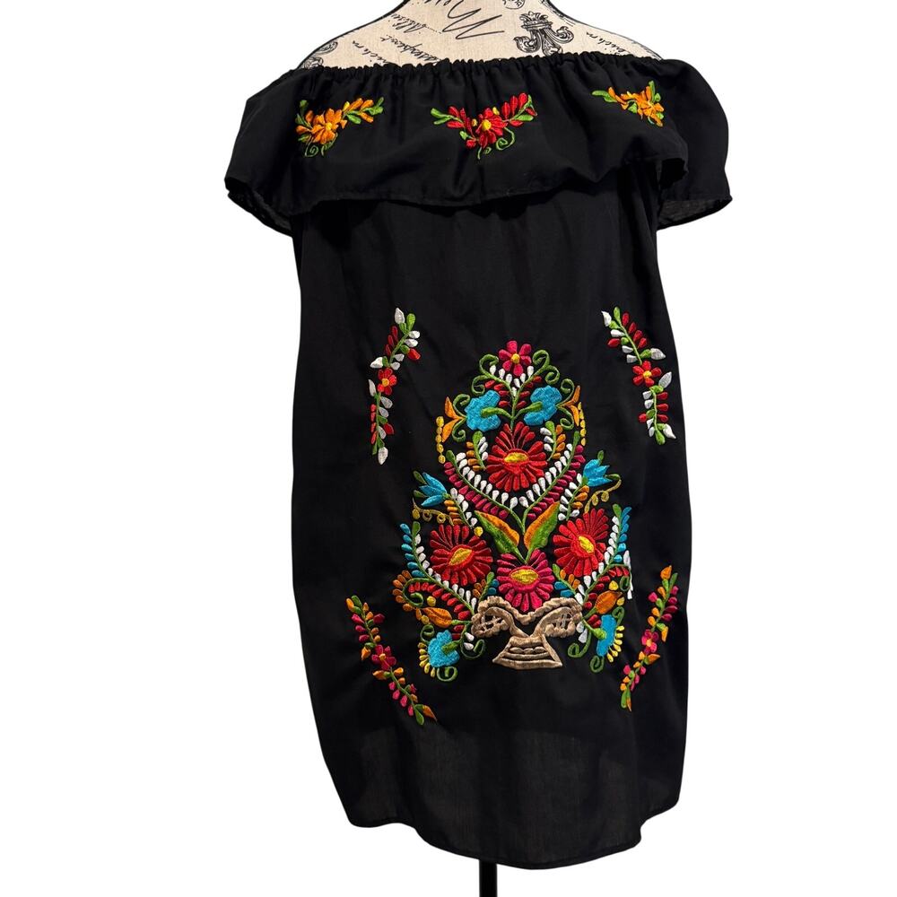 Mexican Embroidered Off the Shoulder Dress Small Black Floral Fiesta Mini Dress